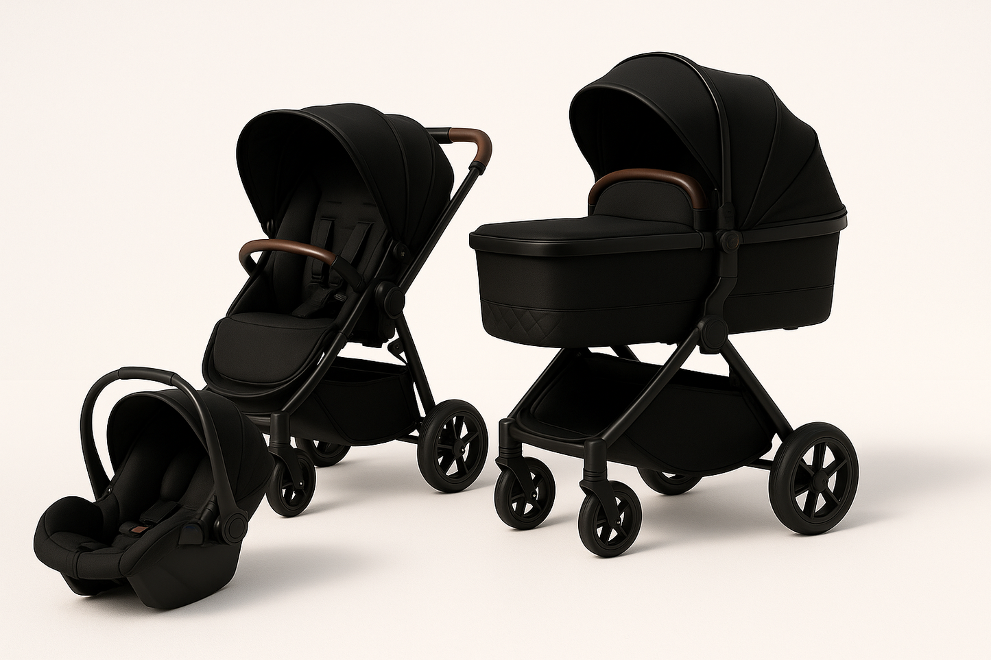 Poussette 3 en 1 Premium avec landau, nacelle et cosy - Modèle Élégance Noir